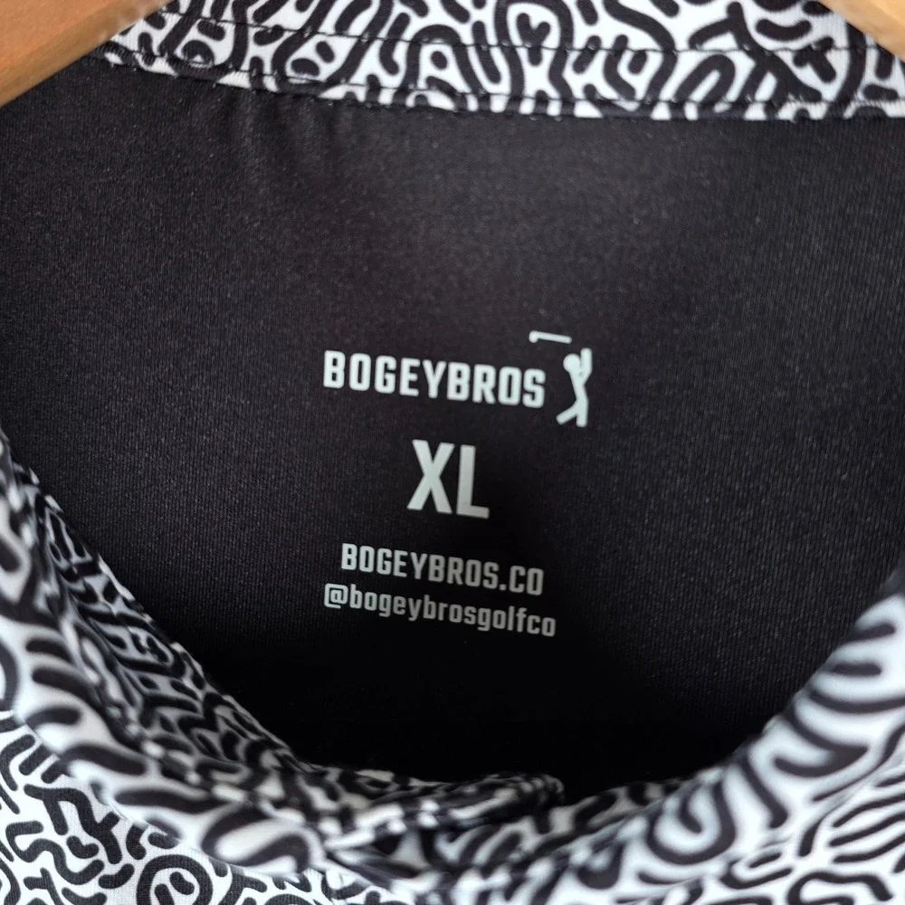 Bogey Bros Mens Golf Polo Shirt XL Black White Maze Print Short Sleeve Button Up - Picture 4 of 8